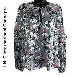 INC International Concepts Floral Print Sheer Long Sleeves Blouse Size M